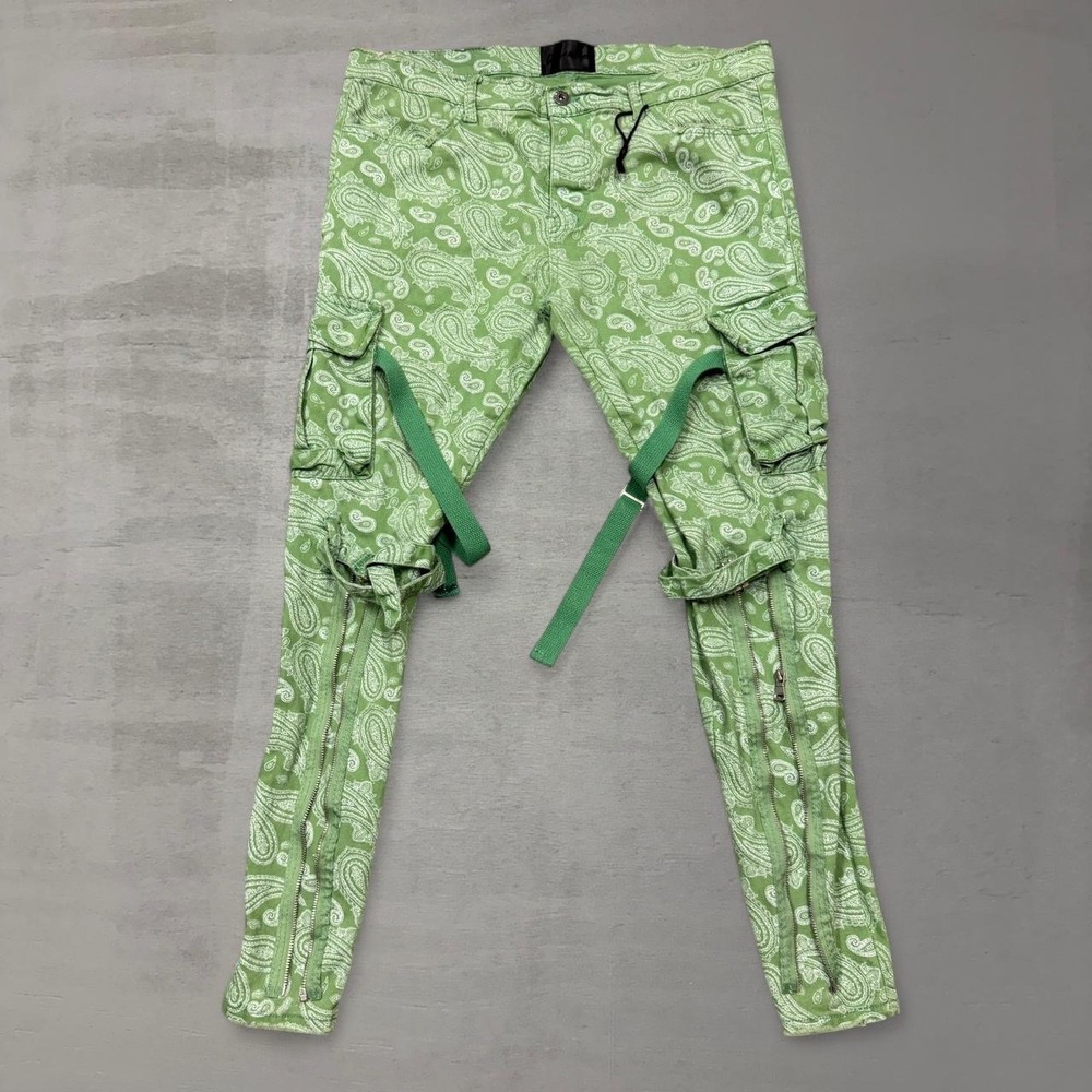 Valabasas Cargo Jeans Pants Green Paisley Straps Zippers Size 38